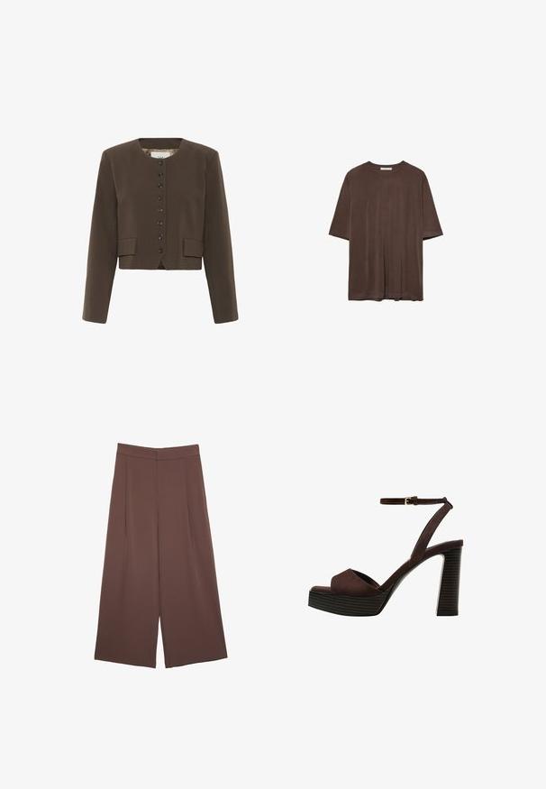 Rjav skrajšan blazer z okroglim izrezom, zapiranjem na šest gumbov in dvema sprednjima žepoma. Narejen iz teksturirane tkanine z gladkim podlogo.; Rjava kratka majica s kratkimi rokavi, izdelana iz mehkega materiala, z okroglim izrezom in sproščenim krojem. Gladka tekstura brez vzorcev ali dodatkov.; Rjave široke hlače z gladko teksturo, ki imajo visok pas in sprednje naborke. Tkanina je lahka in prosto pada.; Rjave semiš sandale z visoko peto, odprto spredaj, z nastavljivim gležnjenjem in črtastim podplatom.