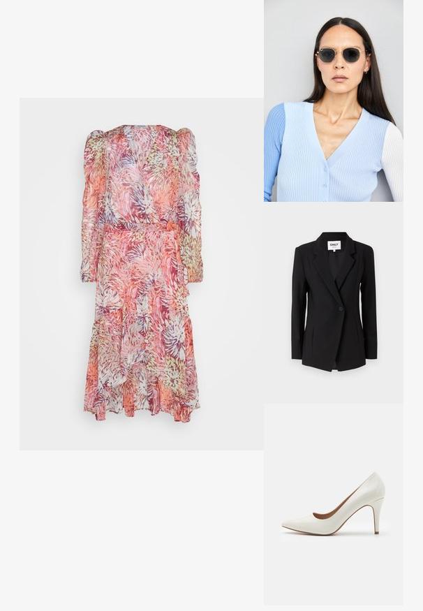 Melnā žakete, izgatavota no gludas auduma, ar iegriezuma atlokiem, vienu pogu aizdari un pieguļošu piegriezumu ar priekšējām šuvēm.; Ziedu, caurspīdīga apģērba kleita rozā, oranžās un lavandas krāsās; garās puffed piedurknes ar ruffle apakšmalu un auduma josta viduklī.; Balti lakoti ādas augstpapēžu kurpes ar smailu purngalu un gludu virsmu, ar plānu papēdi un zemu griezumu ap atveri.; Apaļas saulesbrilles ar tumšiem objektīviem un zeltītām rāmēm. Modelis valkā gaiši zilu, ribotu kardigānu ar pogām un kontrastējošām baltām piedurknēm.; Michaela Korsa rokassomi bez̦ā īšojuma, kas izgatavota no apklāta kanvas, iekļaujot atkārtotu MK logotipa rakstu, zelta aparatūru un noņemamu ķēdes siksnu.