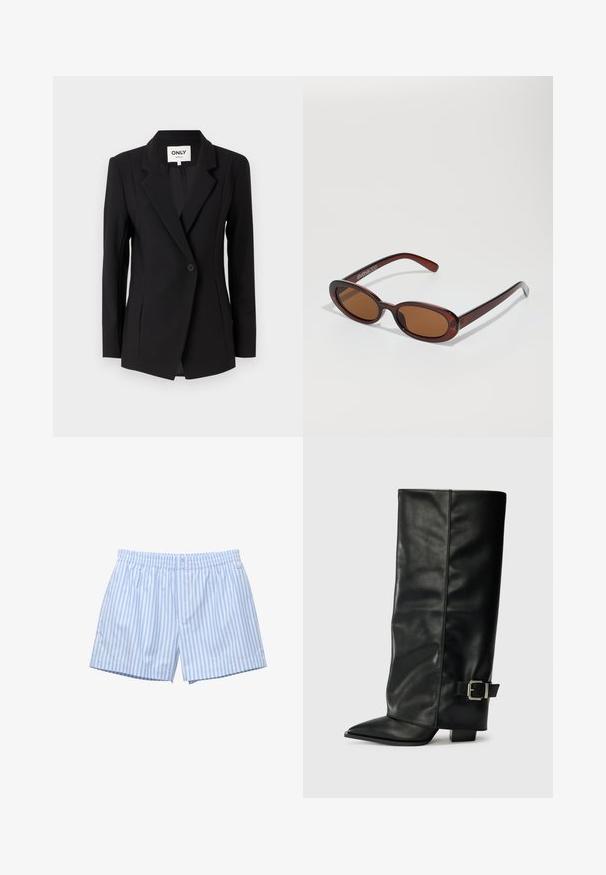 Musta bleiseri, joka on valmistettu sileästä kankaasta, notched-lapel -kauluksella, yksittäisellä napilla ja muotoillulla istuvuudella, jossa on etuseamiyksityiskohtia.; Vaaleansininen pitkähihaine neulepaita, jossa on leveä pyöreä kaula-aukko, yksinkertainen tyyli sekä joustavat hihansuut ja helma.; Valkoisen ja vaalean sinisen raidalliset bokserit, jotka on valmistettu pehmeästä puuvillasta. Niissä on joustava vyötärö, napin suljenta ja rento istuvuus. Sivussa on huomaamaton logo.; Musta nahkasaappaat nilkkapituudella, teräväkärkiset, sileällä pinnalla ja hopeisella soljella sivussa. Tukeva neliönmallinen korko.; Pyöreät, ruskehtavat aurinkolasit, joissa on kiiltävä burgundinpunainen runko. Kapeat sivut, joissa on hienovarainen brändäys. Litteät linssit.