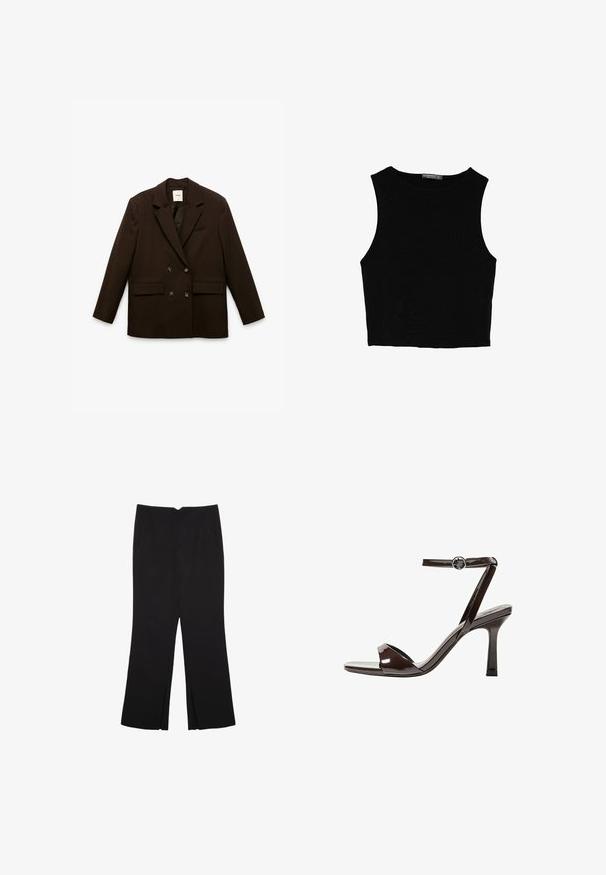 Bruine dubbelzijdige blazer met inslagrevers, voorzakken met klep en een gladde textuur. Voorzien van twee knopen en een subtiele binnenzak.; Zwarte mouwloze crop top van soepel materiaal, met een ronde hals en een schone, eenvoudige uitstraling zonder patronen of hardware.; Zwarte broek met een rechte pasvorm, voorzien van zijzakken en plooien aan de onderzijde. Gemaakt van zachte, gladde stof. Geschikt voor verschillende gelegenheden.; Bruine gepatenteerde lederen sandaal met hoge hak, enkelbandje, open teen, en een strak, minimalistisch ontwerp. Voorzien van een vierkante hak.