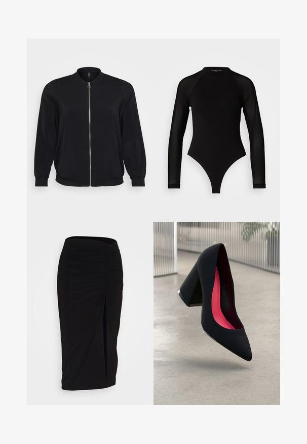 Veste bomber noire en tissu lisse, dotée d'une fermeture éclair sur le devant et de poignets côtelés, avec un col rond classique et des poches latérales.; Bodysuit noir à manches longues avec col haut, doté d'un tissu solide sur le torse et de manches en maille transparente, conçu dans une coupe ajustée.; Jupe crayon noire froncée avec détail à nouer et fente latérale. Fabriquée à partir d'un tissu extensible, elle présente une texture lisse et une coupe ajustée.; Chaussure à talon noir avec un bout pointu, surface texturée et un intérieur rose vif. Dotée d'un talon épais avec un accent en argent.