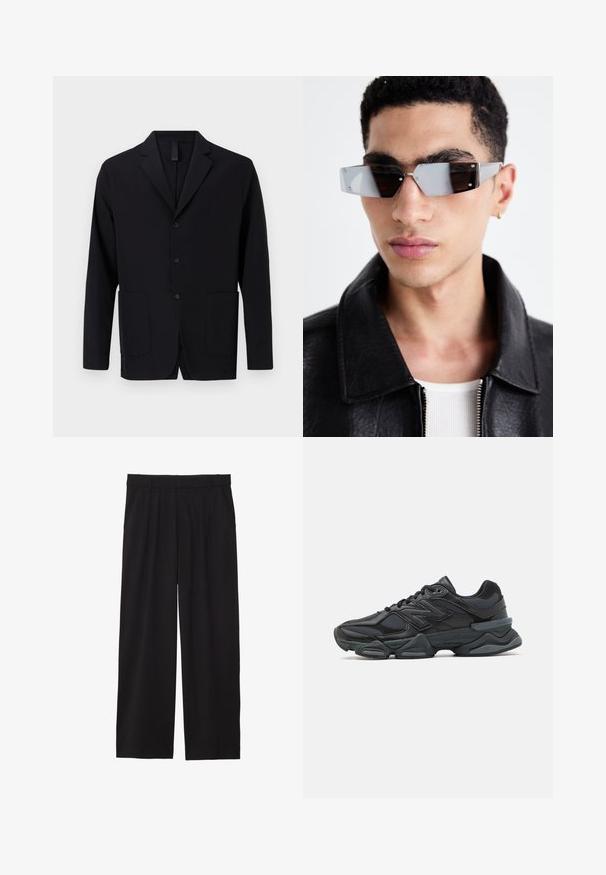 Černý blazer z hladkého materiálu, s klopovým límcem, třemi knoflíky, dvěma předními kapsami a volným střihem.; Černá mikina s kapucí a klokánkovou kapsou, šňůrková kapuce a krátké rukávy s prodlouženými designovými prvky. Vyrobena z měkké, texturované tkaniny.; Černé široké kalhoty s skladaným předním dílem, bočními kapsami a hladkou texturou tkaniny. Navrženy pro pohodlný střih.; Černá běžecká bota s kombinací síťoviny a syntetických materiálů, masivní podešev, zakřivený design a výrazné logo na boku.; Avenované sluneční brýle se šedým nádechem a stříbrnými doplňky, umístěné na světlém pozadí. Skla mají jedinečný geometrický tvar.