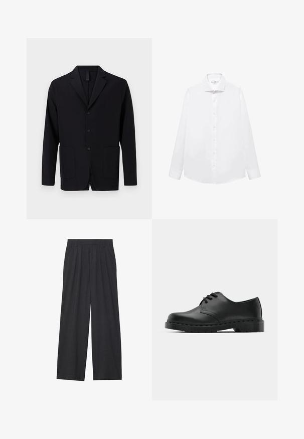 Črn blazer iz gladkega blaga, z izrezanim ovratnikom, tremi gumbi, dvema sprednjima žepoma in sproščenim krojem.; Bela dolga srajca iz gladkega bombaža, z obrobljenim ovratnikom, sprednjim zapiranjem na gumb in ravnim robom.; Široke hlače iz temno sive tkanine. Imajo nabore na pasu, prilagojen dizajn in ravno silhueto.; Črne usnjene oksford čevlje z vezalkami, zaobljenim prstom, ravnim gumijastim podplatom in diskretnim šivanjem po zgornjem delu.