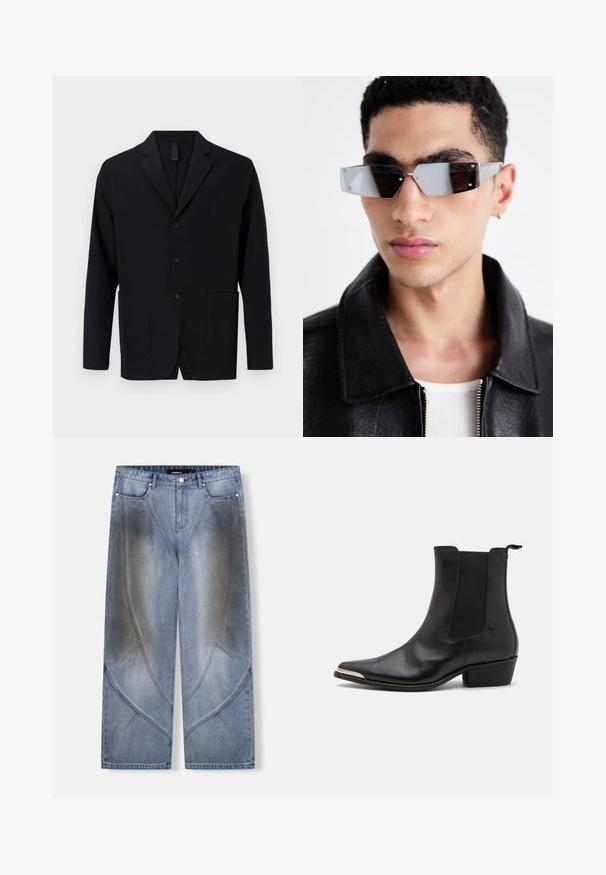 Schwarzer Blazer aus glattem Stoff, mit Reverskragen, drei Knöpfen, zwei vorderen Taschen und einer lässigen Passform.; Ärmelloses karriertes Oberteil mit roten, blauen, gelben und braunen Farbtönen, das das Wort "WESTWOOD" in fetten gelben Buchstaben über die Brust trägt, ergänzt durch Sterne.; Hellblaue, weit geschnittene Jeans aus Denim mit einem einzigartigen, winkelförmigen Design, Verblassungseffekten und kontrastierenden Nähten. Fünf-Taschen-Stil.; Schwarze Knöchelstiefel aus strukturiertem Leder mit einer spitzen Zehenpartie, elastischen seitlichen Einsätzen, einer Zugschlaufe hinten und einem niedrigen Blockabsatz.; Eckige, grau getönte Sonnenbrillen mit silberner Hardware, vor einem hellen Hintergrund. Die Gläser weisen eine einzigartige geometrische Form auf.