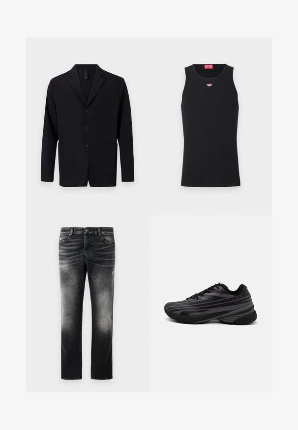 Black blazer made of smooth fabric, featuring a notched collar, three buttons, two front pockets, and a relaxed fit.; Black tank top made of smooth fabric, featuring a round neckline, armholes, and a small red logo on the chest. Simple design, sleeveless.; Black jeans featuring a faded finish with distressed accents, standard five-pocket design, and a zip-fly closure. Made of denim fabric.; Black running shoe with a textured upper featuring gray stripes. Thick sole for cushioning, round toe, and flat laces for secure fit.