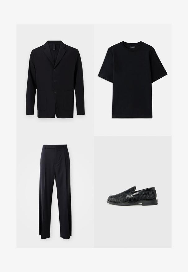 Mustas bleiser siledast kangast, millel on krae, kolm nuppu, kaks esitaskut ja lõdva istuvus.; Must musta T-särk lühikeste varrukatega ja ümar kaelus. Vasakul rinnal on diskreetne logo tikand. Lame ja sile tekstuur.; Mustad, kõrge vöökohtaga püksid laia säärte lõikega, valmistatud siledast kangast. Omab ees plekke ja vöörihmade jaoks silmuseid. Minimalistlik disain, nähtavat riistvara pole.; Must musta kootud slip-on king, millel on pehme nahast accent ülaserval, ümmargune varvas ja madal profiiliga kummitald.