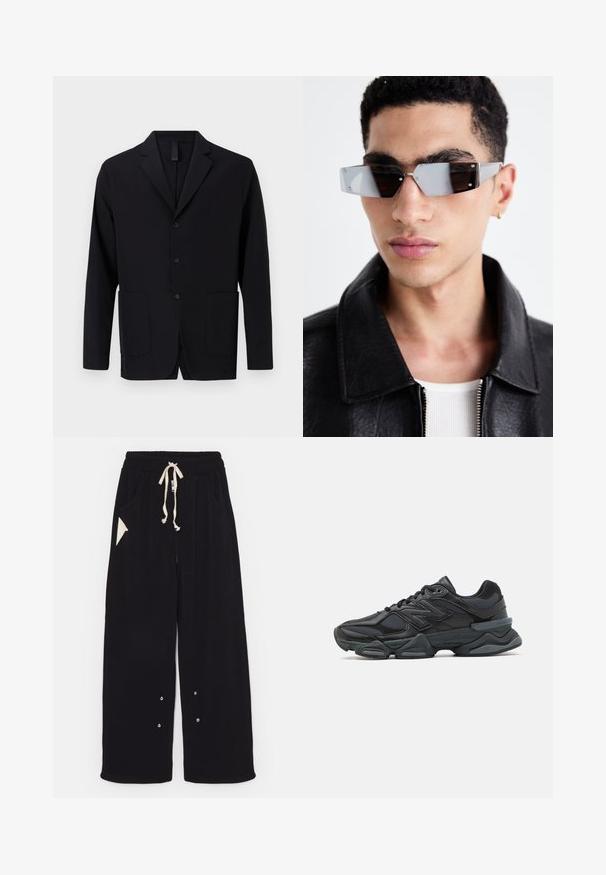 Blazer nero realizzato in tessuto liscio, con colletto a rever, tre bottoni, due tasche frontali e una vestibilità rilassata.; T-shirt nero a maniche corte in cotone, con scollatura rotonda e vestibilità comoda. Texture liscia con dettagli di cucitura minimi.; Pantaloni neri a gamba larga realizzati in un morbido tessuto, con vita regolabile tramite cordino, tasche laterali e una tasca accentuata triangolare. Include dettagli in hardware argentato.; Scarpa da corsa nera con una combinazione di materiali in rete e sintetici, suola spessa, design curvo e marchio ben visibile sul lato.; Occhiali da sole angolari con tonalità grigia e hardware in argento, su uno sfondo chiaro. Le lenti presentano una forma geometrica unica.