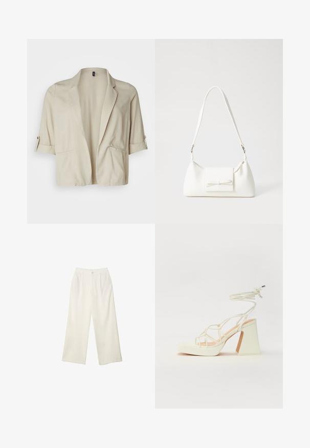 Blazer beige court en tissu léger, avec un col à revers, des manches retroussées et deux poches avant. Texture lisse.; T-shirt blanc à manches longues en tissu côtelé, avec un col rond et un ourlet droit. Design simple et uni.; Pantalons à jambes larges en tissu crème avec une texture lisse, dotés d'un seul bouton à l'avant, de plis subtils et d'un design taille haute.; Sandale blanche à talons hauts avec un talon épais, présentant un design à lanières et un lien autour de la cheville. Texture lisse avec une plateforme à l'avant pour une hauteur supplémentaire.; Sac à main synthétique blanc en forme triangulaire, avec un rabat avant plat et un détail en nœud, une bandoulière ajustable, une texture lisse et un design minimaliste.
