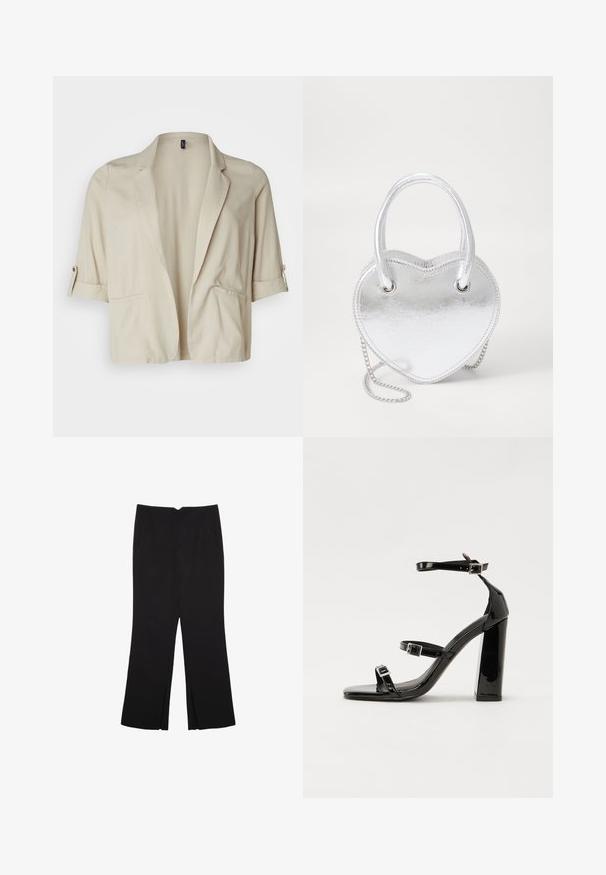 Bež kratki sako od laganog materijala, s reverom, savijenim rukavima i dva prednja džepa. Glatka tekstura.; Bijela majica bez rukava s okruglim izrezom. Izrađena je od glatkog materijala, nudi opušteni kroj i minimalistički dizajn. Bez uzoraka ili ukrasa.; Crne hlače ravnog kroja, s prednjim džepovima i bočnim prorezima na rubu. Izrađene od mekog i glatkog materijala. Pogodne za razne prigode.; Crne lakirane sandale na pete sa kvadratnim nosom, trakama oko gležnja i srebrnim kopčama. Imaju čvrst blok petu za stabilnost.; Srebrna metalik torbica u obliku srca s dvostrukim ručkama, lancem i glatkom teksturom. Sadrži metalne dijelove i šavove.