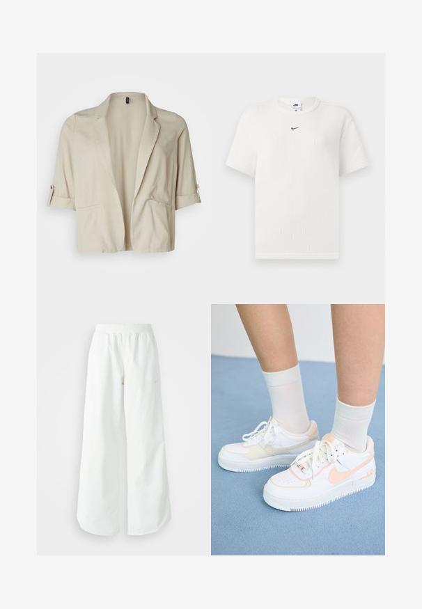 Beidzis bežs žakets, kas izgatavots no viegla auduma, ar izgrieztiem uzgaļiem, sarullētām piedurknēm un divām priekšējām kabatām. Gluda tekstūra.; Balts ribots t-krekls ar apaļu kakla izgriezumu un īsām piedurknēm. Uz krūšu daļas ir mazs melns Nike logo. Audums ir ar tekstūru un pieguļošs.; Baltas, platais sporta bikses ar ribotu jostasvītru un smalku logotipa detaļu. Gluda auduma ar brīvu piegriezumu un sašaurinātu apakšdaļu.; Baltas brīvlaika apavi ar persiku akcentiem, gluda ādas virsma, perforēts purngals, strukturēta zole un šnūrītes. Valkāti ar baltām augstām zeķēm uz zilas virsmas.