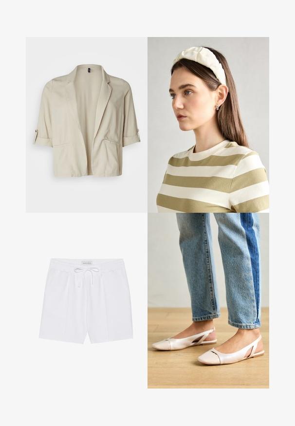 Blazer cropped bege feito de tecido leve, com colarinho notched, mangas enroladas e dois bolsos frontais. Textura suave.; T-shirts preto e branco, de decote redondo e mangas curtas. A camisa preta apresenta um bordado de sol amarelo; a branca tem um detalhe de lua crescente roxa.; Calções brancos até aos joelhos feitos de tecido macio, com um cós elástico e cordão e dois bolsos laterais. Design simples sem padrões.; Sapatilhas slingback de cor rosa pálido com bico fino, feitas de um material semelhante a couro liso. Apresentam detalhes recortados nas laterais e um salto plano.; Fita de cabelo almofadada em creme com design torcido, acompanhada de uma camisa às riscas bege e branca com escote redondo. Acentos discretos em joias.