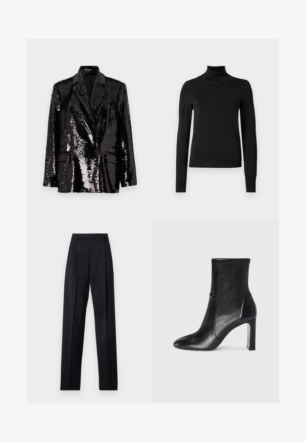 Blazer preto com lantejoulas, mangas longas, colarinho com pico, dois bolsos frontais e forro interior suave. Textura de superfície brilhante.; Sweater preto de manga longa com gola alta, com punhos e bainha canelados, exposto em um fundo branco liso.; Calças pretas feitas de um tecido suave, com uma cintura alta, pernas largas, pregas frontais e passadores de cinto clássicos. Não há bolsos laterais visíveis.; Bota de tornozelo em couro preto com um design elegante, bico pontudo e um alto salto bloco. Apresenta uma textura suave e um detalhe de costura minimalista.