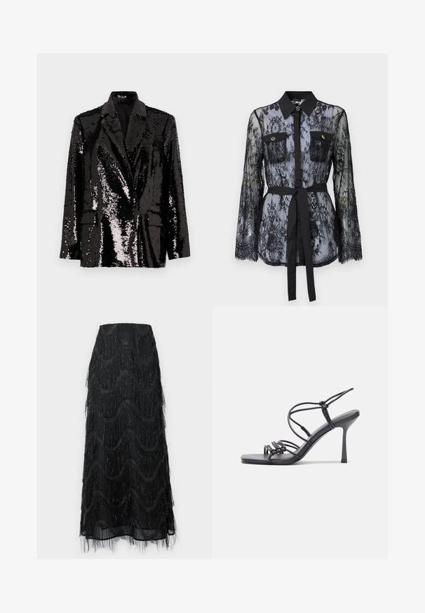 Fekete flitteres zakó hosszú ujjakkal, hajtott gallérral, két elülső zsebbel és sima belső béléssel. Fényes felületű textúra.; Fekete csipke blúz hosszú ujjal, gombos mellzsebekkel, klasszikus gallérral, és derékra kötött szövet övvel. Átlátszó kialakítás.; Fekete midi szoknya, réteges fránkkal és hullám mintázattal. Átlátszó anyagból készült, csillogó részletekkel az élein.; Fekete magas sarkú szandálok vékony pántokkal, csomózott mintával, sima négyzetes orral és karcsú stiletto sarkal rendelkeznek.