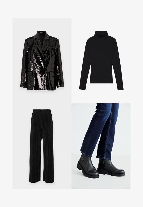 Sacou negru din mărgele cu mâneci lungi, guler în formă de V, două buzunare frontale și o căptușeală interioară fină. Textură superioară strălucitoare.; Cămășuță neagră cu guler înalt, dintr-un material cu dungi, cu un design aderent, fără modele sau accente.; Pantaloni negri plisati cu talie elastică. Prezintă picioare largi și un material neted, texturat, cu dungi verticale.; Bocanci negri din piele cu tălpi groase și panouri elastice pe laterale, asortați cu blugi de culoare bleumarin. Solul este de culoare deschisă.