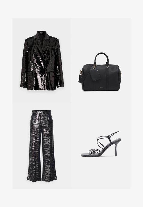 Fekete flitteres zakó hosszú ujjakkal, hajtott gallérral, két elülső zsebbel és sima belső béléssel. Fényes felületű textúra.; Világos bézs színű, rövid ujjú felső V-nyakkal és elülső csavart részlettel, oldalt gyűrt textúrával a testhez álló fazonért.; Fekete, széles szárú nadrág fényes flitteres mintázattal és hullámos motívummal. Magas derék kialakítás, áramló sziluett és sima felület.; Fekete magas sarkú szandálok vékony pántokkal, csomózott mintával, sima négyzetes orral és karcsú stiletto sarkal rendelkeznek.; Fekete műbőr sporttáska arany hardware-rel, dupla felső fogantyúval, állítható vállpánttal és levehető címke zsebbel.; Arany és ezüst csepp fülbevalók ívelt, megnyújtott formával. Fényes felület, sima textúra és minimalista dizájn.