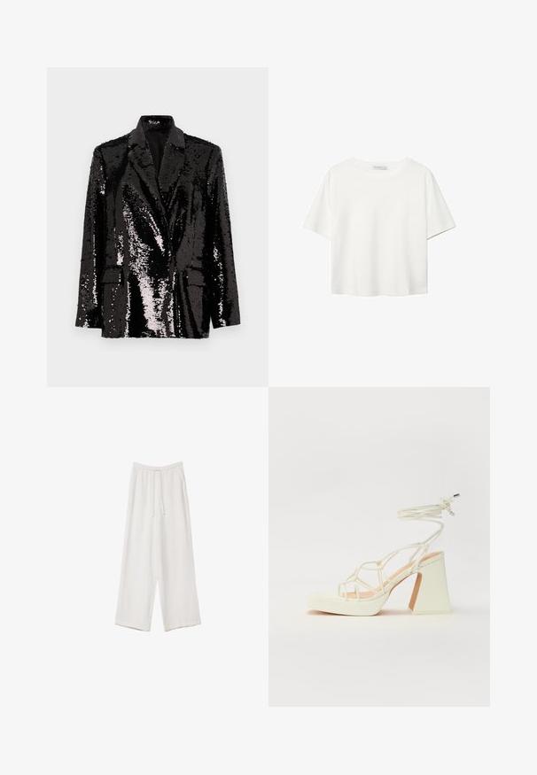 Crni sako s šljokicama, dugih rukava, s reverima, dva prednja džepa i glatkom unutarnjom podlogom. Sjajna površinska tekstura.; Bijela majica kratkih rukava od pamuka. Ima okrugli izrez i opušteni kroj. Glatka tekstura bez vidljivih uzoraka ili naglasaka.; Bijele hlače širokih nogavica napravljene od lagane tkanine. Imaju elastičan pojas s ušicom i bočne džepove. Glatka tekstura.; Bijela sandala na visokoj potpetici s debelim petom, s remenom i vezanjem oko gležnja. Glatka tekstura s platformom sprijeda za dodatnu visinu.