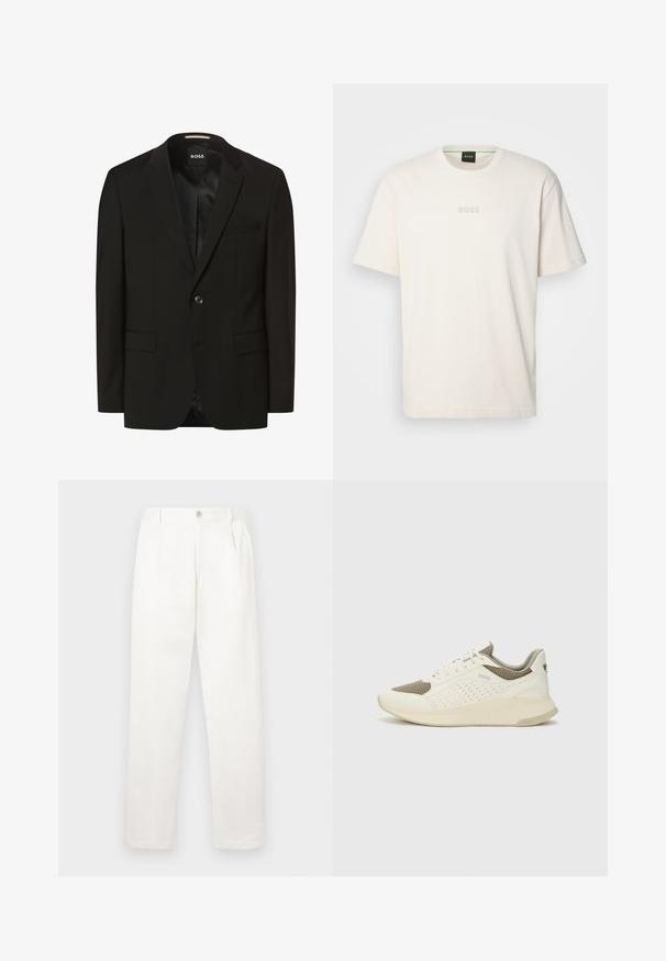 Blazer nero con rever a punta, chiusura a un bottone, due tasche frontali, texture liscia e foderato all'interno. Etichetta del marchio: BOSS.; BOSS TEE - T-shirt basic - open white; Pantaloni bianchi realizzati in tessuto liscio, con un design a gamba dritta, pieghe frontali e una chiusura a bottone singolo in vita.; Sneaker atletica bianca e beige chiaro, con tomaia in mesh, dettagli perforati e una suola intermedia texturizzata con marchio sul tallone.