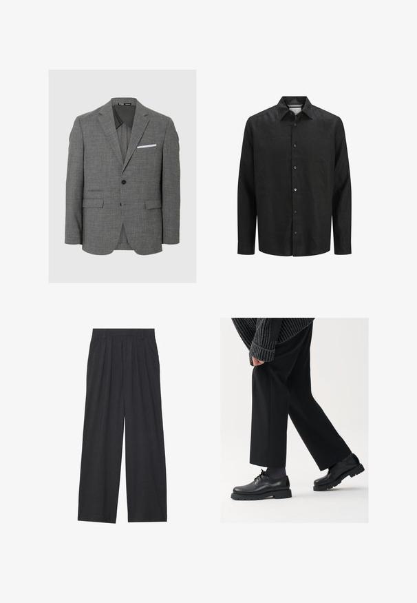 Grå kavaj i texturerad tyg, med enkel knappstängning, slagiga kragar och en vit ficknästuk som accent. Två framfickor.; Svart långärmad skjorta i linne, med knäppning fram, spetsig krage och manschetter med knappstängning. Slät textur.; Vidbyxorna är tillverkade av mörkgrått tyg. De har veck i midjan, en skräddarsydd design och en rak silhuett.; Svarta läderskor med rund tå, snörningsdesign och tjock, strukturerad sula. Bärs med skräddarsydda svarta byxor och en ribbad tröja.