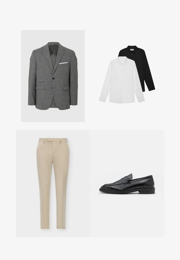Pelēks bleizeris, kas izgatavots no teksturētas auduma, ar vienu pogu aizdari, āķveida atlokiem un baltu kabatas lakatiņu. Divas priekšējās kabatas.; Baltas un melns garām piedurknēm krekls ar norādītām apkaklēm, priekšējiem pogām un gludu auduma tekstūru. Etiķetes redzamas iekšējā kakla daļā.; Beige veidotas bikses ar šauru piegriezumu, ar gludu priekšpusi, diskrētām sānu kabatām un gludu, teksturētu audumu.; Melnas ādas loafers ar gludu virsmu, ar noapaļotu purngalu un šauru joslu pāri augšdaļai. Zems kaudzes papēdis.
