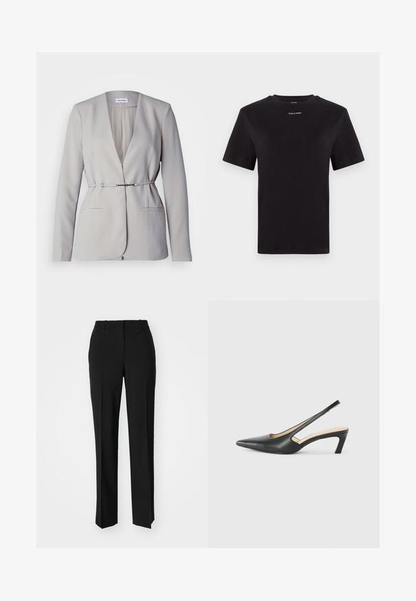 Calvin Klein STRUCTURE SLIM  - Blazer - sand pebble; T-shirt in cotone nero con maniche corte, colletto a girocollo e piccolo logo bianco "Calvin Klein" sul petto. Texture liscia, vestibilità classica.; Pantaloni neri su misura con un design a gamba dritta, caratterizzati da una texture liscia e pieghe ben definite sul davanti. Senza hardware visibile.; Scarpa slingback nera con punta affilata e tacco basso, realizzata in pelle liscia e con un design a taglio laterale per favorire la traspirabilità.