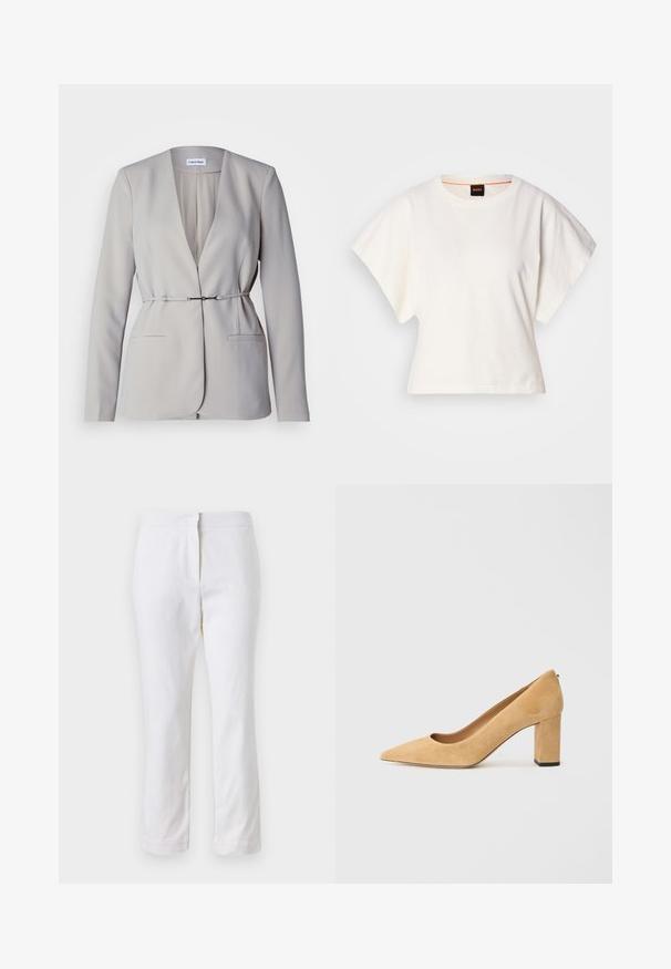 Calvin Klein STRUCTURE SLIM - Sacou - sand pebble; Tricou alb scurt, cu mâneci scurte și largi, din bumbac moale, cu decolteu rotund și un finisaj subtil portocaliu, design minimalist, fără modele sau grafice.; Pantaloni din bumbac alb, cu un design drept, având talie medie și fără hardware sau modele vizibile. Textură uniformă pe întreaga suprafață.; Pantofii cu toc înalt din suede bej au vârful ascuțit și un toc gros. Materialul are o textură moale și o finisare netedă.