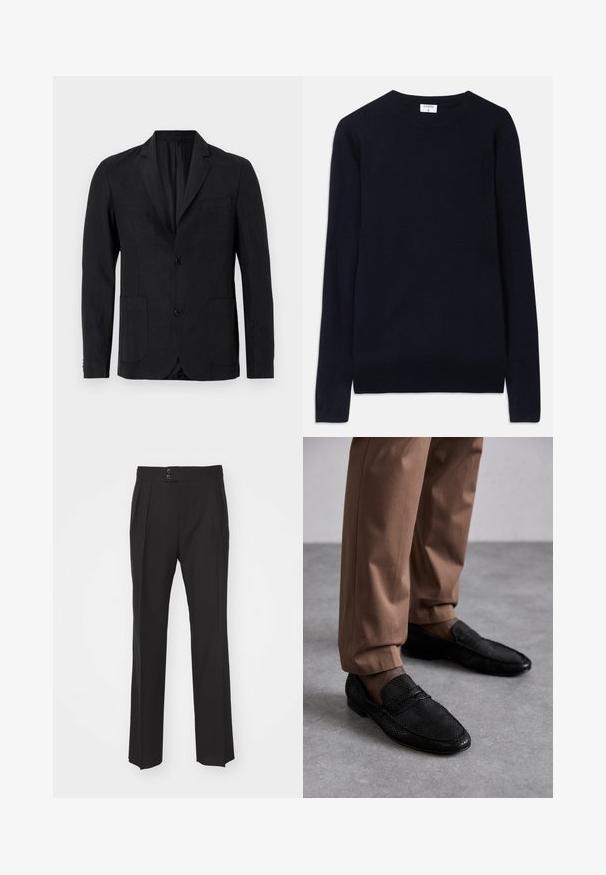 Blazer din in negru cu un design cu un singur rând de nasturi, rever cu zimți, două buzunare frontale și un buzunar pe piept. Prezintă închidere cu două nasturi.; Pulover albastru marin cu guler rotund, realizat dintr-un material moale, având mâneci lungi și detalii ribelate la guler și la poale. Design curat, minimalist.; Pantaloni negri din stofă ajustată cu un design drept, două buzunare frontale și închidere cu două butoane la talie. Textură de țesătură fină.; Mocasini negri cu un model texturat, având un vârf rotunjit și un profil joia. Asortați cu pantalonii bej pe o suprafață gri.