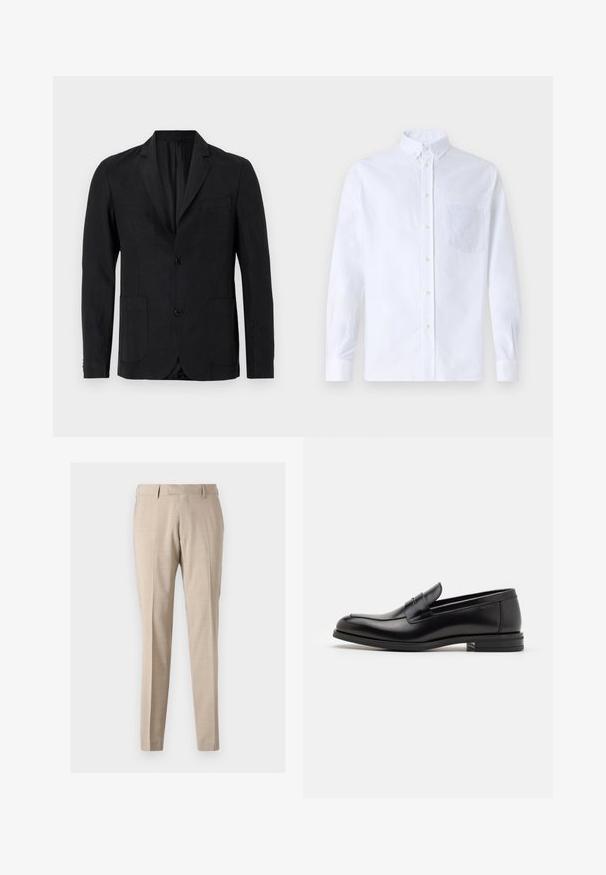 Black blazer made of smooth fabric, featuring a notched lapel, two front pockets, single button closure, and minimalistic design.; White long-sleeve button-up shirt made of cotton, featuring a chest pocket with tonal embroidery, a collar, and button cuffs.; Beige tapered trousers made from lightweight fabric, featuring front pleats, two side pockets, and a smooth texture.; Black leather loafers with a smooth texture, rounded toe, and a decorative strap across the vamp. Low stacked heel, minimalist design.