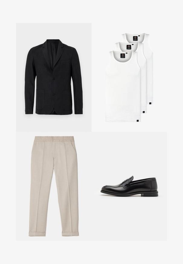 Fekete vászon zakó egy sor gombbal, hajtókás vzellemmel, két elülső zsebbel és egy mellen lévő zsebbel. Kétgombos záródással rendelkezik.; Három fehér csíkos pamut trikó. Felső része kerek nyakkivágású, és a szegély közelében kis fekete címkék találhatók. Több méretben elérhető.; Filippa K TERRY CROPPED TROUSERS - Nadrágok - sage melange; Fekete bőr loaferek sima textúrával, kerek orral és dekoratív pánttal a vampnál. Alacsony, rétegelt sarkú, minimalista dizájn.