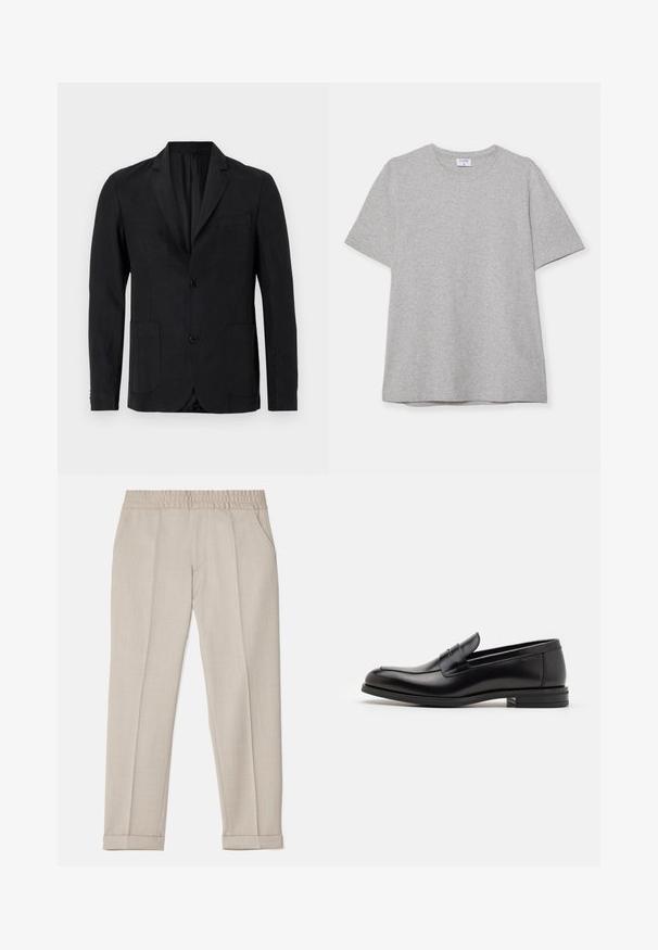 Čierny ľanový blejzer s jednoradovým dizajnom, zárezovými klopami, dvoma prednými vreckami a jedným vreckom na hrudi. Obsahuje dvojité zapínanie na gombíky.; Sivá krátke rukávové tričko vyrobené z mäkkej, textúrnej látky. Má klasický okrúhly výstrih a rovný lem, ideálne na neformálne nosenie.; Filippa K TERRY CROPPED TROUSERS - Nohavice - sage melange; Čierne kožené mokasíny s hladkou textúrou, zaoblenou špičkou a dekoračným pásikom cez priehlavok. Nízky vrstvený opätok, minimalistický dizajn.