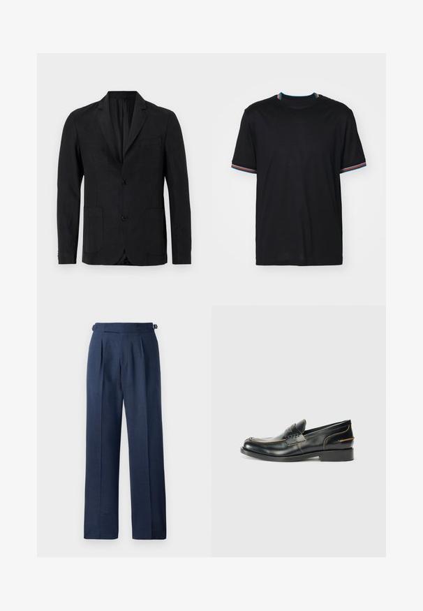 Czarna lniana marynarka o jednorzędowym kroju, z klapami typu notch, dwoma przednimi kieszeniami oraz jedną kieszenią na piersi. Posiada zapięcie na dwa guziki.; Czarna koszulka z krótkim rękawem i okrągłym dekoltem, z wielokolorowymi paskami na kołnierzyku i rękawach. Miękka faktura materiału.; Niebieskie, dopasowane spodnie z żakardu, o wysokim stanie, z kantami i regulowanymi paskami po bokach dla lepszego dopasowania.; Czarne skórzane mokasyny o eleganckim wyglądzie, z dyskretnym przeszyciem i niskim obcasem, wyeksponowane na jednolitym białym tle.