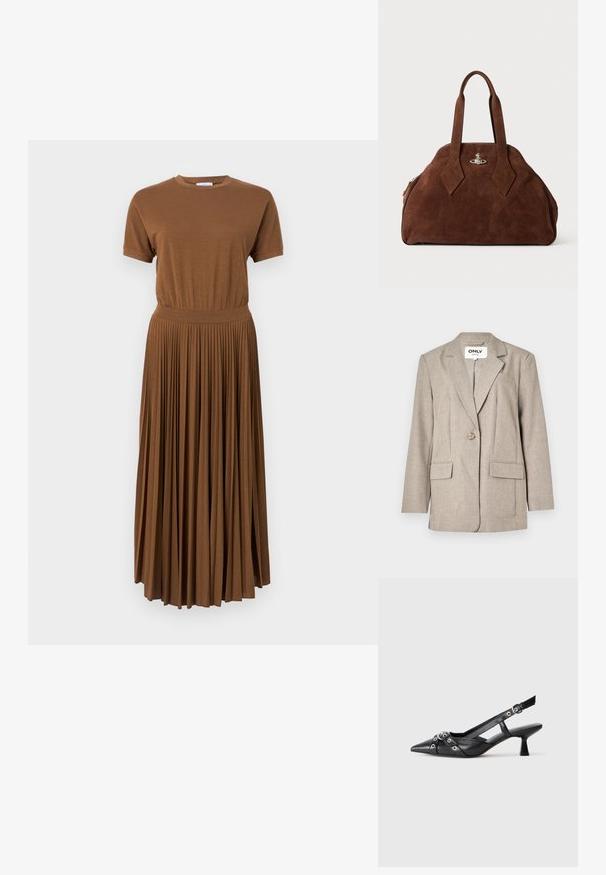 Kerge pruun bleiser, mis on valmistatud tekstuuriga kangast, omades kahte eesmist taskut, ühte nööpiga sulgemist ja sälkdekolte.; Pruun jerser Kleid, millel on klambrid, mis on sobiv ja pleeditud, voolav seelik. Lühikesed varrukad ja ümmargune kaelus. Sujuv tekstuur kogu ulatuses.; Must must have must toote tõmblukuga, dekoratiivsed rihmad metallist silmadega ja madal blokk-kand. Tekstureeritud pind.; Pruun nahast käekott, millel on struktureeritud kuju, ümar keha ja piklikud rombikujulised käepidemed. Varustatud hõbedase riistvaraga lukuga.