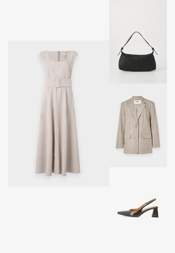 Light brown blazer made of textured fabric, featuring two front pockets, a single button closure, and a notched lapel design.; Light beige dress with cap sleeves, square neckline, and a wide belt featuring a square buckle. Floor-length with subtle texture.; Slingback high-heel shoes in glossy dark brown patent leather, pointed toe, cutout sides, and a square block heel.; Black woven shoulder bag with a smooth leather strap and zipper closure. Features a textured surface and curved shape.