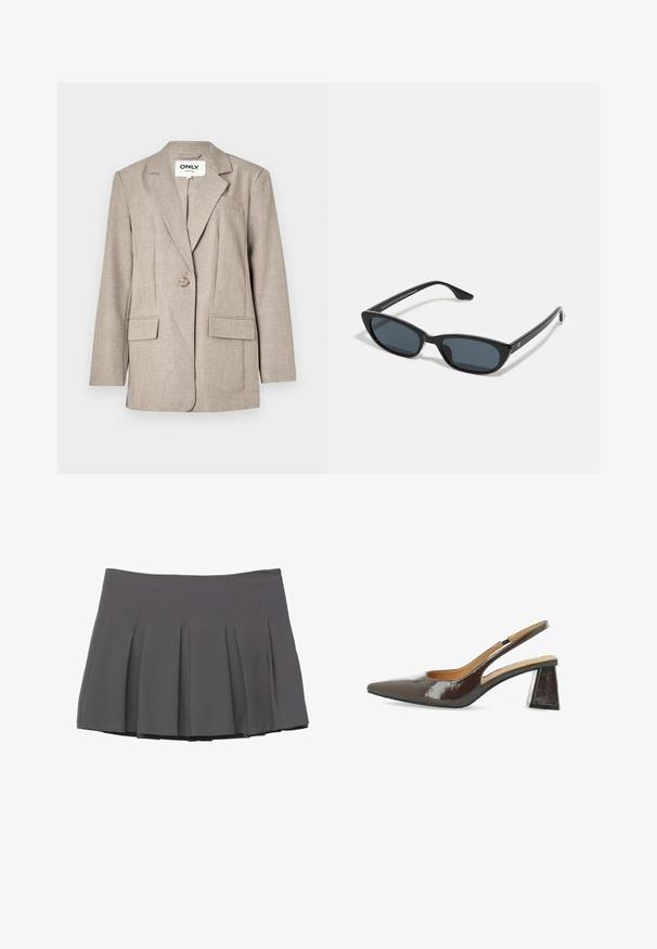 Jasnobrązowa marynarka wykonana z teksturowanej tkaniny, z dwiema przednimi kieszeniami, zapięciem na jeden guzik oraz z klapami w stylu notch.; Jasnoniebieska koszula z długim rękawem, z kołnierzykiem zapinanym na guziki, pojedynczą kieszenią na piersi oraz w luźnym kroju. Gładka faktura tkaniny i klasyczny design.; Szara plisowana spódnica o gładkiej fakturze, z przeszywanymi detalami i dopasowanym pasem, kończąca się na długości w połowie uda.; Sandały na obcasie typu slingback w połyskującym ciemnobrązowym lakierze, z wydłużonym noskiem, wycięciami po bokach i kwadratowym obcasem.; Czarne okulary w kształcie kociego oka z ciemnymi soczewkami, plastikową ramką, smukłymi zausznikami i subtelnym logo na wewnętrznej stronie zausznika. Matowa tekstura.; Czarna, pleciona torba na ramię z gładkim skórzanym paskiem i zapięciem na zamek. Charakteryzuje się teksturowaną powierzchnią i zakrzywionym kształtem.