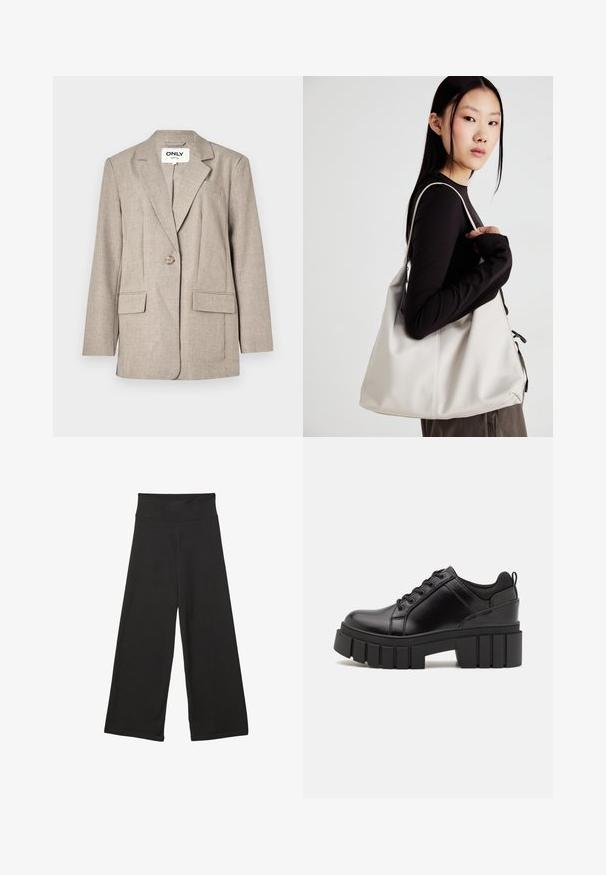 Blazer marrone chiaro in tessuto testurizzato, con due tasche frontali, chiusura a un bottone e design con revers.; Magliette a maniche lunghe in bianco e nero, con collo rotondo, tessuto morbido e design aderente con orli dritti.; Pantaloni neri a gamba larga con vita elastica alta, in tessuto morbido e vestibilità ampia, adatti per l'abbigliamento casual o ambienti rilassati.; Scarpe platform in pelle nera con tacco a blocco robusto, punta rotonda e design tradizionale con lacci. Presentano una superficie liscia e dettagli minimi.; Borsa a mano beige realizzata in materiale morbido, caratterizzata da un design morbido, dettagli cuciti e due manici. Adatta per l'uso quotidiano.