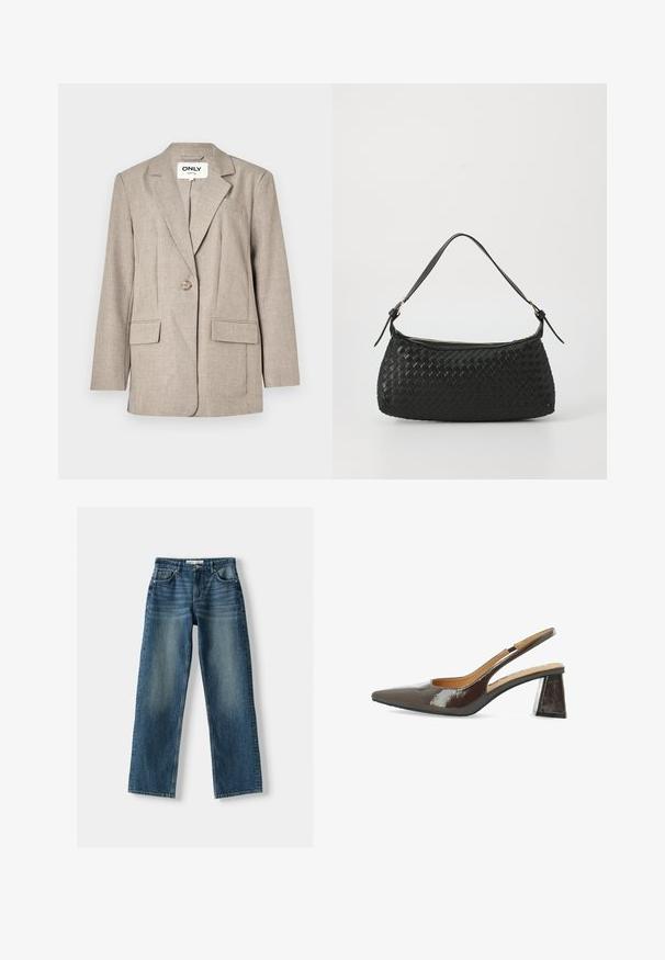 Hellbrauner Blazer aus strukturiertem Stoff, mit zwei Fronttaschen, einem Ein-Knopf-Verschluss und einem Reverskragen-Design.; Zwei trägerlose Oberteile: Eines hat ein braun- und cremefarbenes, abstraktes Tiermuster, während das andere einheitlich schwarz ist. Beide sind aus weichem Stoff gefertigt.; Blaue Jeans aus Denim mit geradem Bein, Knopfverschluss, fünf Taschen und verwaschenen Stellen. Das Material wirkt robust mit einer strukturierten Oberfläche.; Slingback-Pumps aus glänzendem, dunklem braunem Lackleder, mit spitzem Schuhkopf, ausgeschnittenen Seiten und einem quadratischen Blockabsatz.; Schwarze geflochtene Schultertasche mit einem glatten Ledertragegurt und Reißverschluss. Verfügt über eine strukturierte Oberfläche und eine gebogene Form.