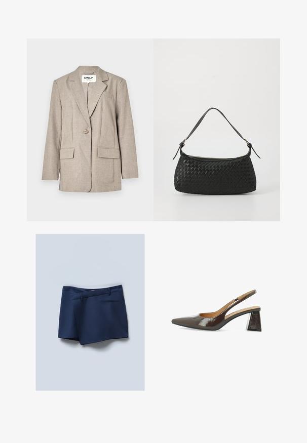 Gai brūns žakets, kas izgatavots no teksturēta auduma, ar divām priekšējām kabatām, vienu pogu aizdari un atzīta apkakles dizainu.; Tumši zila pārāk liela T-kreklu ar kontrastējošu krēmkrāsas ribota kakla izgriezumu. Īsas piedurknes un brīvs piegriezums. Izgatavots no mīkstas kokvilnas auduma.; Sundegas tumši zili šorti ar plakanu priekšpusi, sānu kabatām un aizmugures kabatu. Gluda auduma ar šūtu izskatu un akcentiem.; Spieķu augstpapēžu kurpes no spīdīgas tumši brūnas lakotās ādas, ar smailu purngalu, izgriezumiem sānos un kvadrātveida blokveida papēdi.; Melns austs plecu soma ar gludu ādas siksnu un rāvējslēdzēja aizdari. Iezīmējas ar teksturētu virsmu un izliekumu.