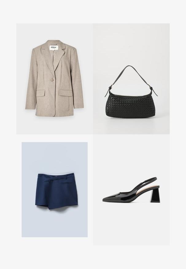 Blazer marrón claro hecho de tela texturizada, con dos bolsillos frontales, cierre de un solo botón y diseño de solapas con muesca.; Camiseta holgada de color azul marino con un cuello de canalé en crema en contraste. Mangas cortas y un corte relajado. Fabricada en suave algodón.; Pantalones cortos azul marino con frente plano, bolsillos laterales y un bolsillo trasero. Tejido suave con un aspecto estilizado y acentos cosidos.; Zapatos de tacón negro de charol tipo slingback con punta afilada, que cuentan con un exclusivo tacón en bloque geométrico y una textura suave. Correa ajustable para mayor soporte.; Bolso de hombro tejido en negro con una correa de cuero suave y cierre de cremallera. Presenta una superficie texturizada y una forma curvada.