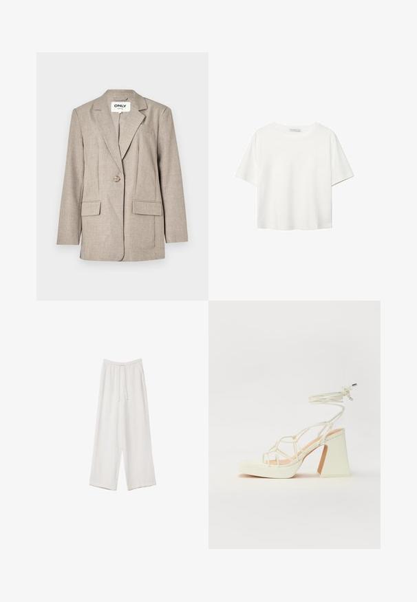Lichtbruine blazer van gestructureerde stof, met twee voorzakken, een enkele knoopsluiting en een piekflap ontwerp.; Witte korte mouwen t-shirt van katoen. Heeft een ronde halslijn en een ontspannen pasvorm. Glad textuur zonder zichtbare patronen of accenten.; Witte wijde broek gemaakt van een lichte stof. Voorzien van een elastische tailleband met een trekkoord en zijzakken. Zachte textuur.; Witte hoge hakken sandaal met een chunky hak, met een bandjesontwerp en enkelband. Gladde textuur met een plateau voor extra hoogte.