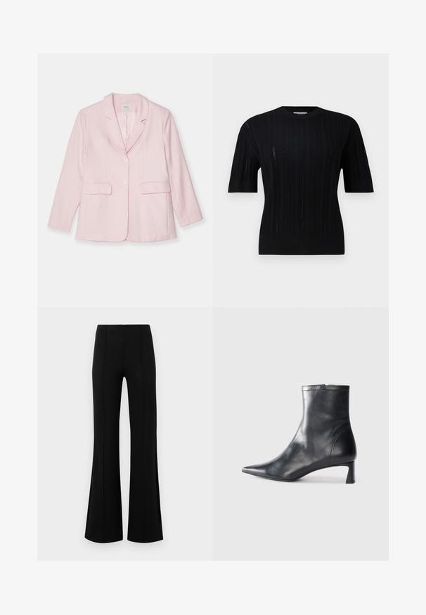 Rózsaszín blézer könnyű anyagból, kivágott gallérral, egysoros gombolással, két elülső zsebbel és hosszú ujjal.; Filippa K BRAID - Pulóver - black; Fekete, flared nadrág magas derékkal, rugalmas anyagból készült. Elölnézetén függőleges varrásokkal rendelkezik, sima textúrával.; Fekete bőr bokacsizma hegyes orral és letisztult dizájnnal. Alacsony sarka és hátsó cipzáras záródása van. Simának tűnő textúra.