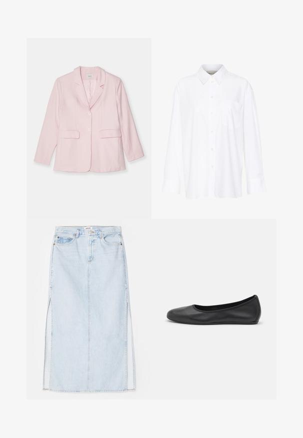 Růžový blazer vyrobený z lehké látky, s klopovým límcem, jedním knoflíkem vpředu, dvěma předními kapsami a dlouhými rukávy.; Bílá košile s dlouhým rukávem a límečkem vyrobená z bavlny. Má knoflíkovou přední část a jedno kapsičku na prsou. Hladký povrch, volný střih.; Světle modrá denimová maxi sukně se střihém do tvaru A, která má boční rozparky a design s pěti kapsami. Výrazné švy a kovové zapínání na knoflík.; Černé kožené baletní byty s kulatou špičkou, hladkou texturou, minimálními švy a flexibilním designem podrážky.
