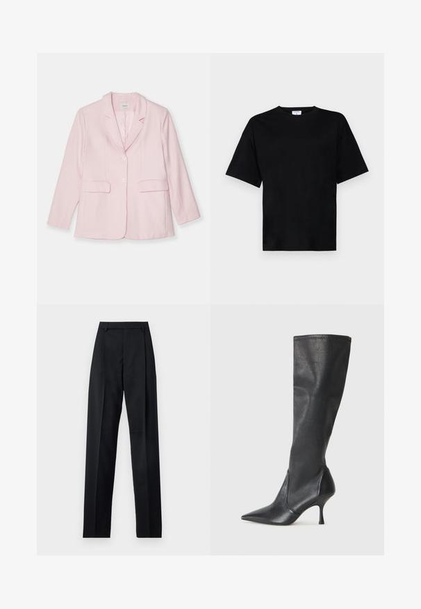 Blazer rosa feito de tecido leve, com lapela notched, fecho de botão único, dois bolsos frontais e mangas longas.; T-shirt preto de manga curta em ajuste descontraído, feito de tecido macio, com decote redondo e sem padrões ou acessórios proeminentes.; Calças pretas feitas de um tecido suave, com uma cintura alta, pernas largas, pregas frontais e passadores de cinto clássicos. Não há bolsos laterais visíveis.; Botas de couro pretas até ao joelho, com bico apontado e um salto stiletto fino. Textura suave com design ajustado e costura na borda superior.