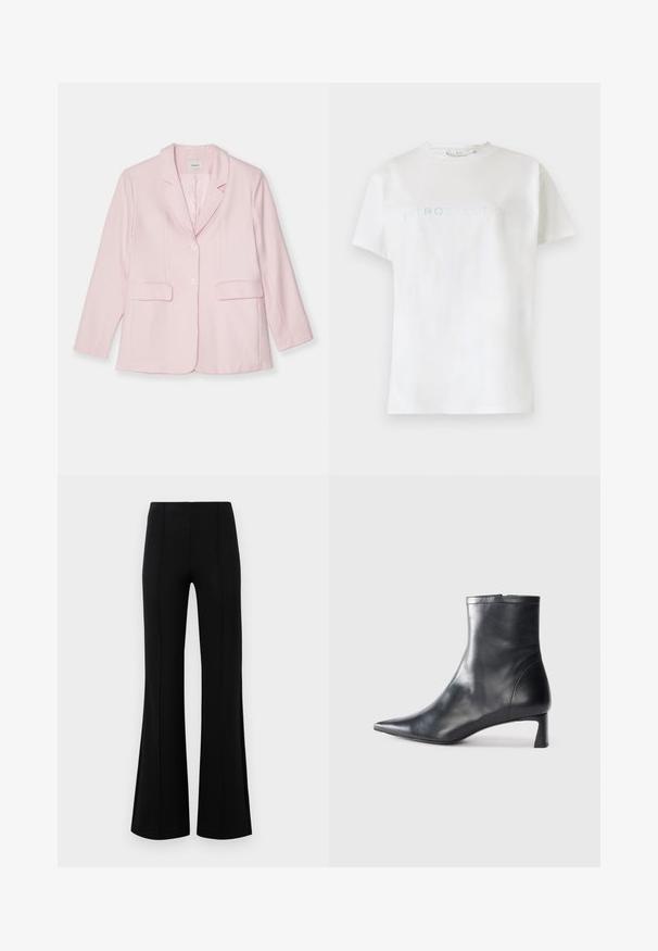 Ružový blazer vyrobený z ľahkej látky, s klopovým golierom, jednobodovým zapínaním, dvoma prednými vreckami a dlhými rukávmi.; Biely bavlnený tričko s krátkymi rukávmi a okrúhlym výstrihom, s nápisom "INTROSPEKCIA" v svetlomodrom písme na hrudi.; Čierne rozšírené nohavice s vysokým pásom, vyrobené z elastického materiálu. Obsahujú vertikálne švy na prednej strane a hladkú textúru.; Čierne kožené členkové topánky s špicatou špičkou a elegantným dizajnom. Majú nízky podpätok a zips na zadnej strane. Hladká textúra.