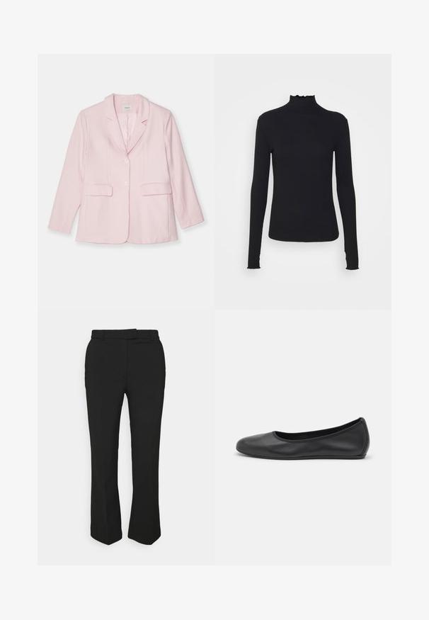 Blazer roz din material ușor, cu rever tăiat, închidere cu un nasture, două buzunare frontale și mâneci lungi.; Top negru cu mânecă lungă și guler înalt, realizat dintr-un material neted, având un guler cu volane și o siluetă ajustată cu margini simple.; Pantaloni negri, croiți pe picior drept, cu bucle pentru curea și buzunare laterale. Fabricate dintr-un material neted, cu un finisaj curat.; Balerini din piele neagră, cu vârf rotund, textură netedă, detalii de cusătură minimale și un design al tălpii flexibil.