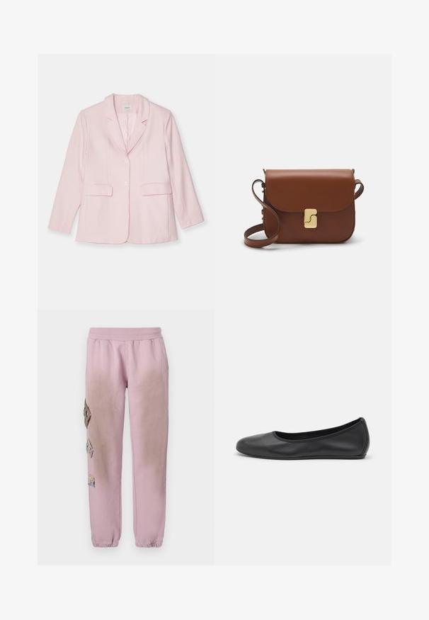 Pink blazer made of lightweight fabric, featuring a notched lapel, single-button closure, two front pockets, and long sleeves.; White short-sleeve t-shirt made of ribbed fabric. Round neckline, regular fit, and subtle stitching details. No patterns or graphics.; Pink sweatpants with an elastic waistband, featuring decorative patches in diamond shapes on the left side and elastic cuffs at the ankles.; Black leather ballet flat with a rounded toe, smooth texture, minimal stitching detail, and a flexible sole design.; Brown leather handbag with a flap closure, gold-tone hardware, a shoulder strap, and a smooth texture. Compact rectangular shape.
