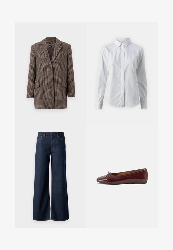 Barna és bézs hounds-tooth kockás zakó három gombbal, két elülső hajtókás zsebbel és nyakkivágással, fehér háttér előtt lógva.; Fehér, sima pamutből készült gombos ing, klasszikus gallérral, hosszú ujjakkal és ívelt hemvéggel. A gombok kicsik és fehérek.; Sötét kék farmer széles lábú nadrág. Kontrasztos varrással, öt zsebhálóval és gombos derékzárással rendelkezik. Simás textúra.; Burgundi lakkbőr balettcipő kerek orral, elöl kis masni díszítéssel és alacsony, fekete gumi talppal. Simára csiszolt felület.