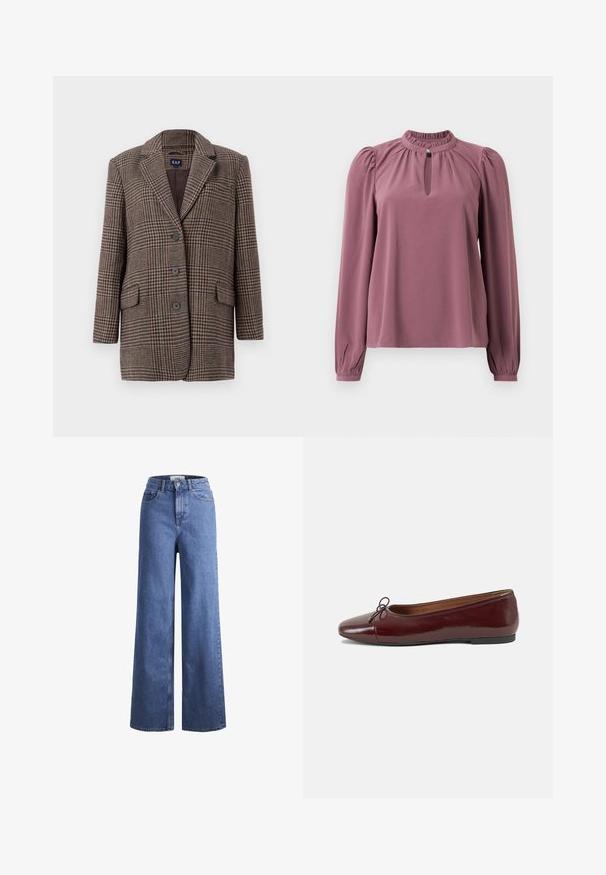 Brun og beige hounds-tooth plaid blazer med tre knapper, to frontlommer med klaff og en notched krage, hengende mot en hvit bakgrunn.; Langermet mauve-bluse med rynket krage, nøkkelhull-utsnitt med knappeåpning, og litt puffede skuldre.; Lyseblå denim vide benbukser med høy midje, to frontlommer og synlig søm. Har knapp- og glidelås-lukking.; Burgunderrød lakk lær ballettleilighet med rund tå, liten sløyfe foran og en lav, svart gummisåle. Glatt tekstur.