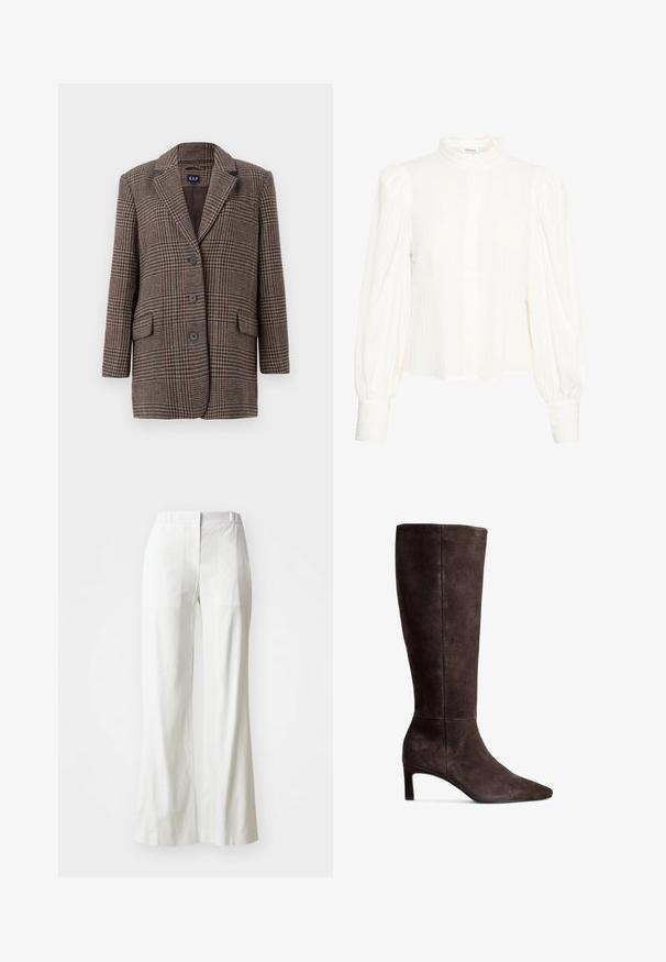 Blazer a scacchi houndstooth marrone e beige con tre bottoni, due tasche anteriori con pattina e colletto a punta, appeso su uno sfondo bianco.; Blusa bianca a maniche lunghe con un tessuto testurizzato e stropicciato. Presenta un collo alto con volants e chiusura a bottoni. Maniche ampie e gonfie con polsini.; Pantaloni bianchi a vita alta, larghi, realizzati in tessuto leggero. Presentano una parte anteriore piatta, tasche posteriori e un design pulito e semplice.; Stivale al ginocchio in suede marrone con punta affusolata e tacco di 7,5 cm. Texture liscia, silhouette elegante e design minimalista.