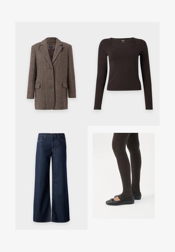 Καφέ και μπεζ καρό μπλέιζερ με τρία κουμπιά, δύο μπροστινές τσέπες με καπάκι και γιακά με εγκοπή, κρεμασμένο σε λευκό φόντο.; Μαύρο fitted μπλουζάκι με μακριά μανίκια και τετράγωνη λαιμόκοψη, με ετικέτα GAP, εμφανίζεται σε λευκό φόντο.; Φαρδιά τζιν παντελόνια σε σκούρο μπλε τζιν. Διαθέτουν αντίθεση στη ραφή, πέντε τσέπες και κλείσιμο με κουμπί στη μέση. Λείο υλικό.; Μαύρες επίπεδες γυναικείες παπουτσάκια με μια μικρή λεπτομέρεια φιόγκο στην μύτη, συνδυασμένες με σκούρες καφέ ριγέ καλσόν. Τα παπούτσια έχουν λεία υφή και χαμηλό προφίλ.