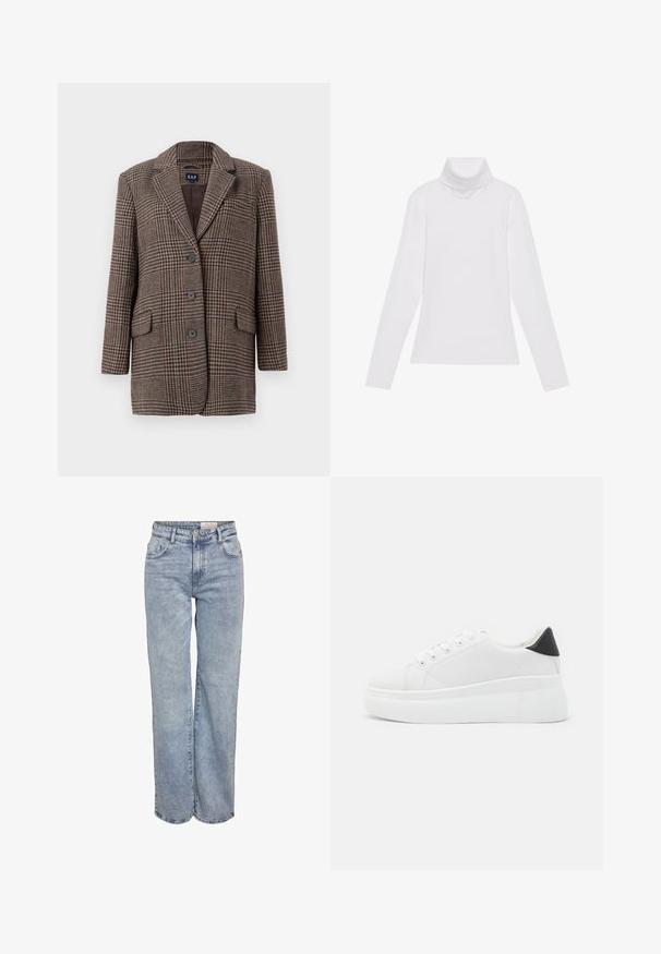 Bruin en beige houndstooth ruitjesblazer met drie knopen, twee voorzakken met klep en een genotched kraag, hangend tegen een witte achtergrond.; Witte lange mouw turtleneck top gemaakt van glad, elastisch materiaal. Voorzien van een hoge kraag en een getailleerd ontwerp, zonder zichtbare patronen of versieringen.; Lichtblauwe wijde jeans gemaakt van denim, met een hoge taille, vijf zakken en subtiele vervaging voor een versleten uitstraling.; Witte platform sneakers van glad synthetisch materiaal, met een afgeronde neus, vetersluiting en een gestructureerde rubberen zool. Zwarte hielaccent.