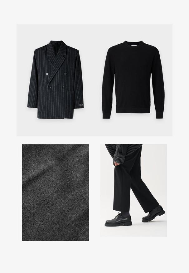 Dvigubai užsegamas juodas juostuotas švarkas su iškirpte, dviem priekinių kišenių ir dideliais tekstūruotais mygtukais.; Juodas megztinis su apvaliu iškirpimu, ilgomis rankovėmis ir raštuotu paviršiumi. Turi tiesią apačią ir minimalistinį dizainą.; Textūruotas juodas audinys su minkštu, šiek tiek blizgiu paviršiumi, rodantis subtilų audimo raštą ir lygų kritimą.; Juodos odinės kojinės su apvalia nosimi, raištelių dizainu ir storu, tekstūriniu padu. Dėvimos su pritaikytomis juodomis kelnėmis ir liniuotėmis megztiniu.